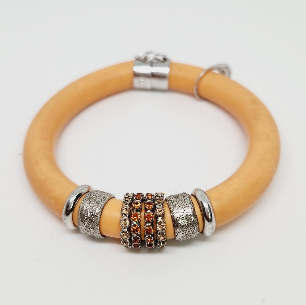 Pryngeps Peach Silicone Swarovski Crystal Sterling Silver Bangle Bracelet Italy